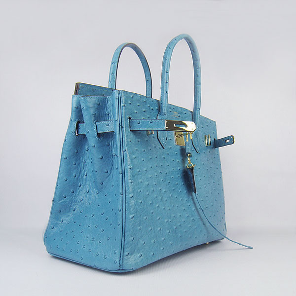 High Quality Fake Hermes Birkin 35CM Ostrich Veins Handbag Blue 6089